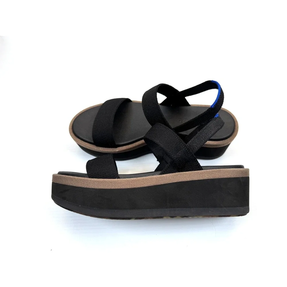 Rothy's Lightweight Wedge Sandals Women 7 EUC Strappy Stretch Knit OpenToe Black